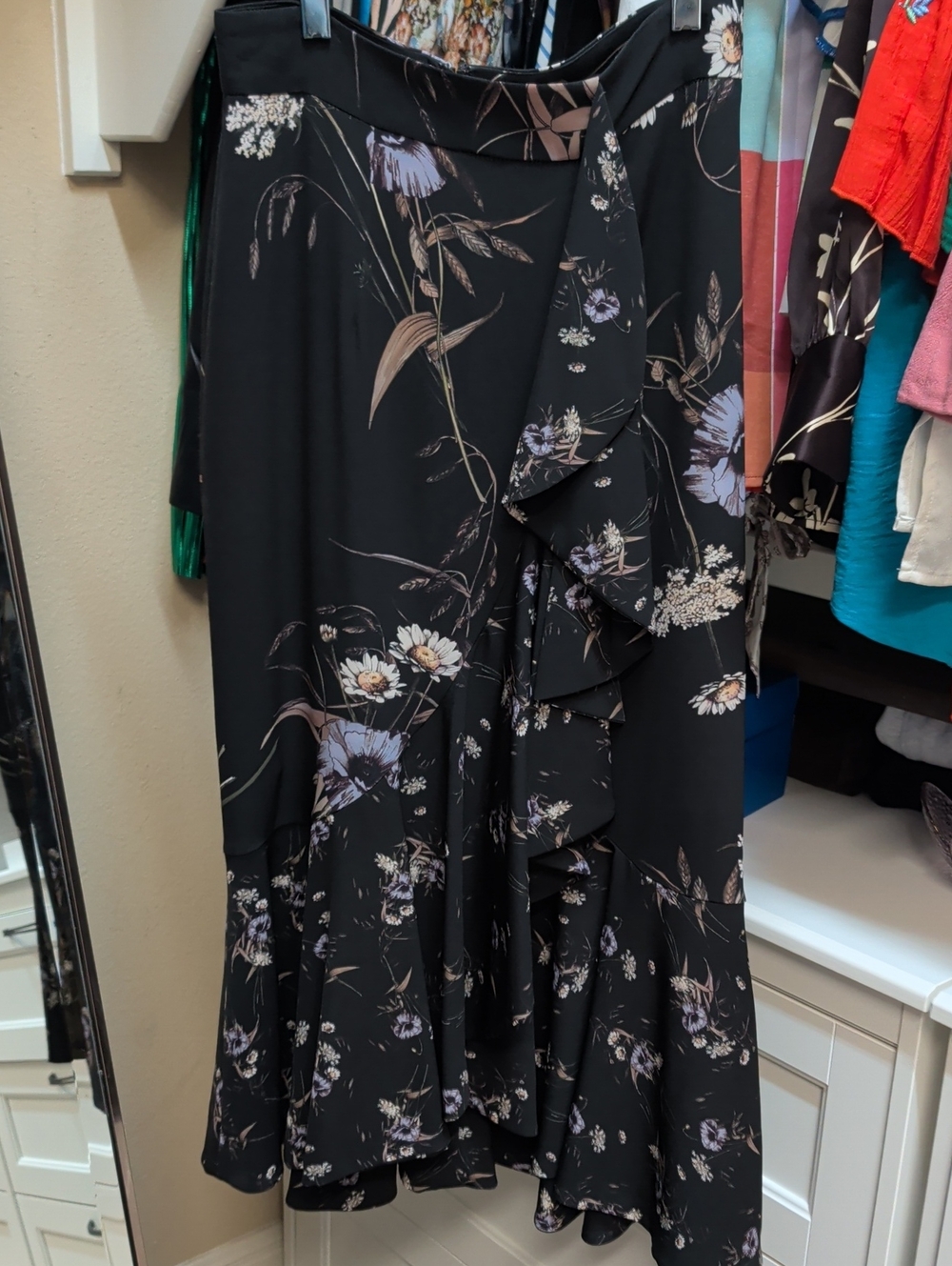 ANTONIO MELANI Black Floral Maxi Skirt with Ruffle Front